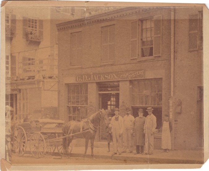 Black and white image of Jackson Fish shop circa 1888